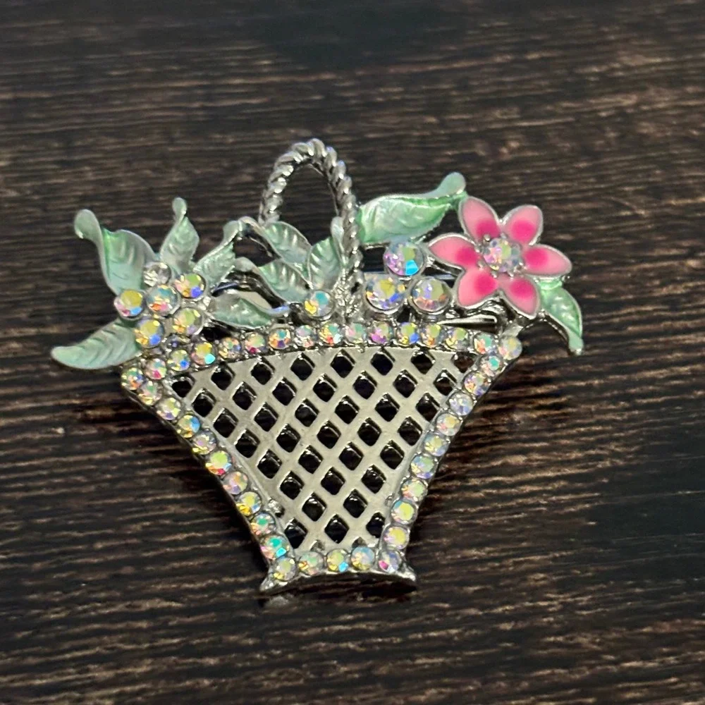 Vintage Style Silver Tone Flower Basket Brooch AB Rhinestone Enamel Pin